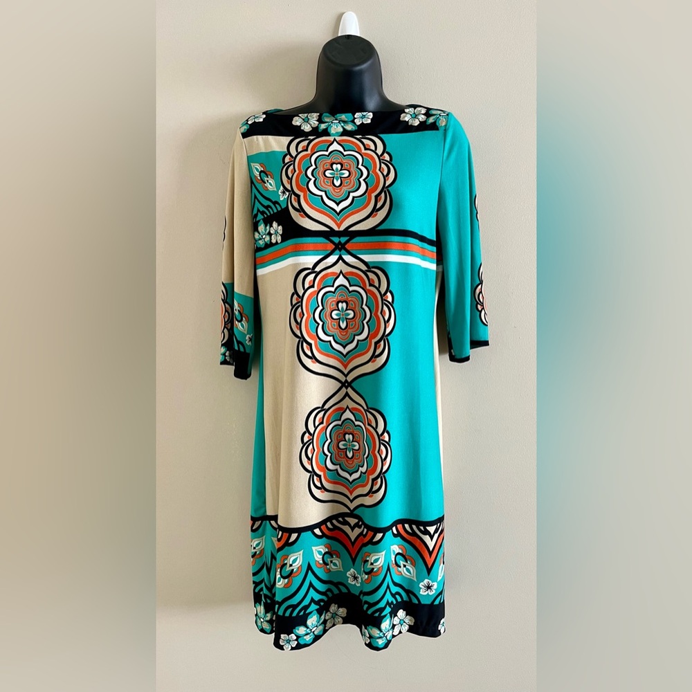 Forever Cream and Teal Long Sleeve Graphic Print Tunic Dress - Size Small